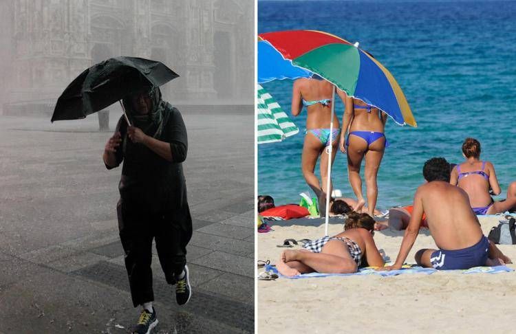 Persona con ombrello e bagnanti al mare  - Ipa